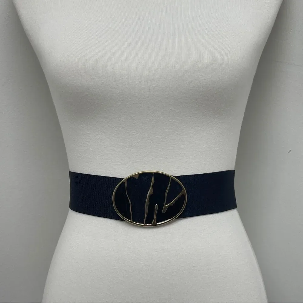 Vintage Art Deco Elastic Belt. Black, Charcoal Gray, & Gold tone Oval Buckle